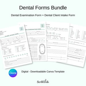Peut inclure: Un ensemble de formulaires dentaires, comprenant un formulaire d'examen dentaire et un formulaire de prise en charge du patient. Les formulaires sont blancs avec des accents bleu clair et comportent des sections pour les informations sur le patient et les antécédents dentaires.