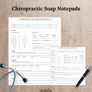 May include: Two white Chiropractic Session Notes notepads with black text, a stethoscope, and a pen on a wooden surface. The notepads include sections for client information, pain assessment, and treatment plans.