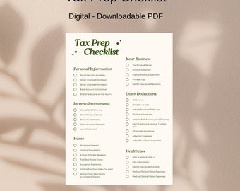 Pode incluir: Uma lista de verificação de preparação de impostos imprimível com um design verde e branco. A lista de verificação inclui seções para informações pessoais, rendimentos e investimentos, casa, seu negócio, outras deduções e saúde.