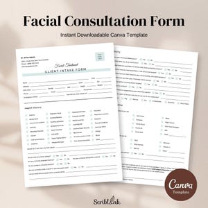 Peut inclure: Deux formulaires imprimables blancs intitulés "Facial Consultation Form" et "Client Intake Form". Les formulaires comprennent des sections pour les informations personnelles, les antécédents médicaux et la routine de soins de la peau. Modèle Canva.