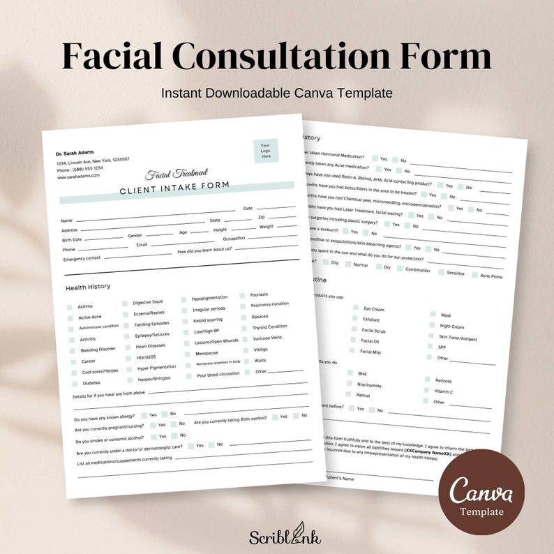 Facial Consultation Form, Client Intake Form, Beauty Salon Printable ...