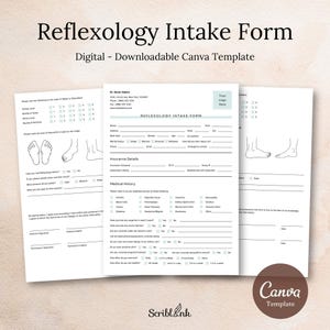 Könnte beinhalten: Eine digitale Vorlage für ein Reflexologie-Aufnahmeformular mit dem Text "Reflexology Intake Form" und "Digital - Downloadable Canva Template". Das Formular enthält Abschnitte für Patienteninformationen, medizinische Vorgeschichte und Versicherungsdetails.