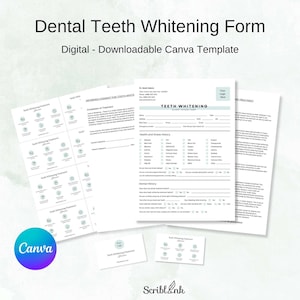 Puede incluir: Un conjunto de formularios imprimibles para el blanqueamiento dental, que incluyen un formulario de admisión del cliente, formularios de consentimiento e información sobre el tratamiento. Los formularios están etiquetados como "Dental Teeth Whitening Form".