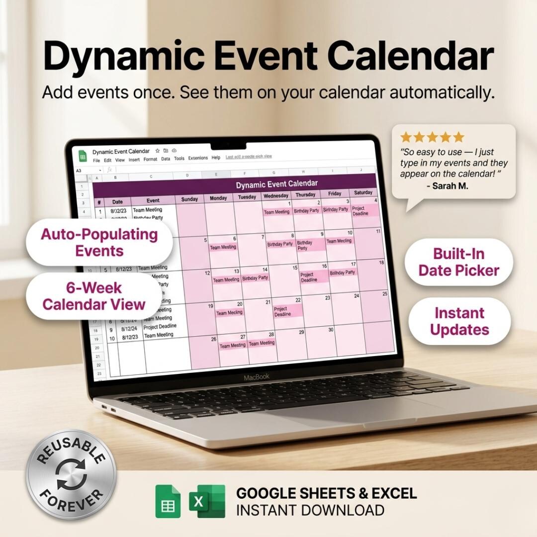 Dynamic Event Calendar Google Sheets | Auto-populating Planner Template ...