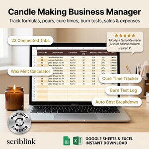 May include: A laptop displays a candle-making business manager template. The screen shows a spreadsheet with columns for formula ID, candle name, and volume. Additional features include a wax melt calculator, cure time tracker, and burn test log. The image also includes a lit candle.