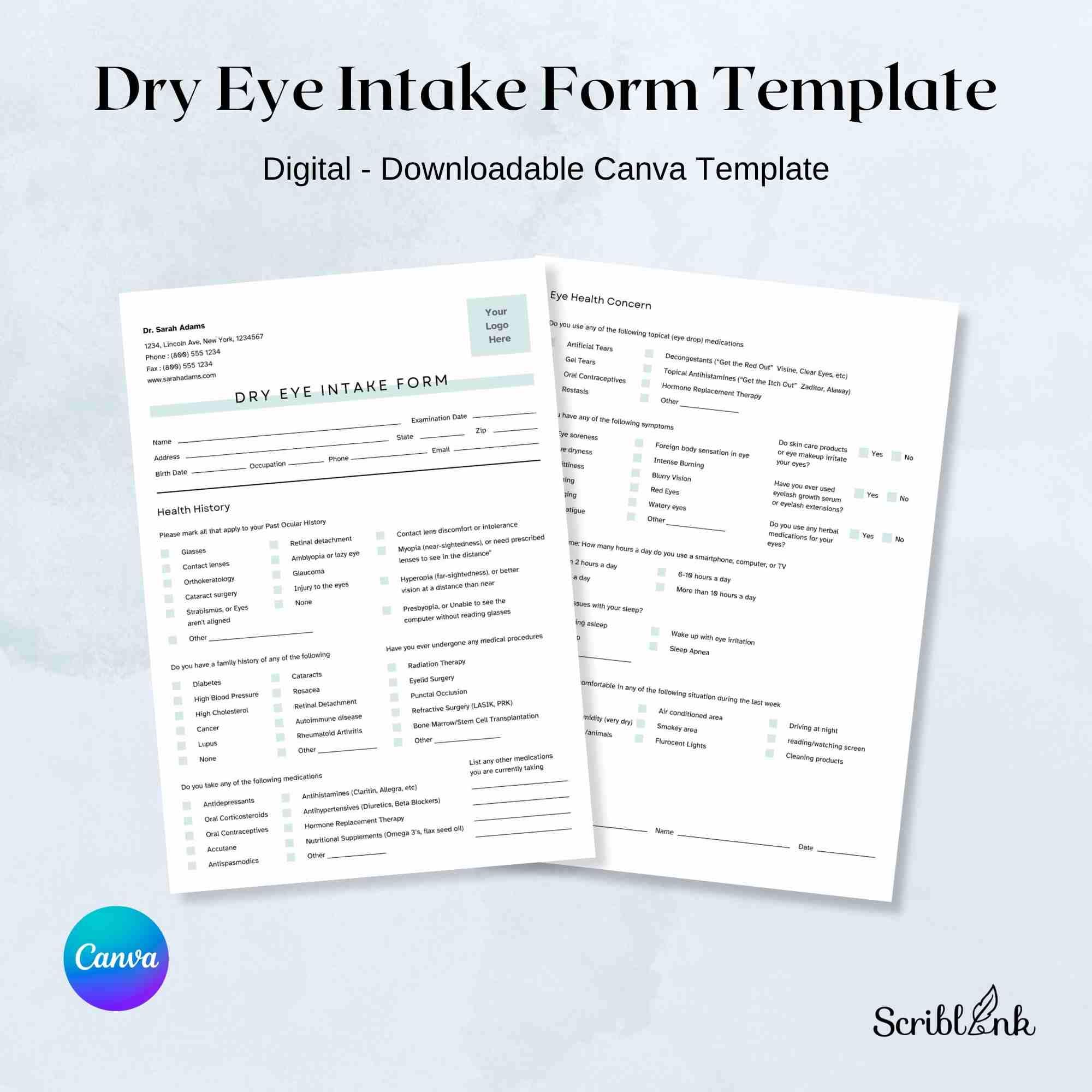 Optometry Testing Form Dry Eye Intake Form Printable – Optometry Patient Form, Eye Clinic ...