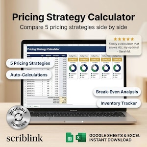 Priskalkylator Google Sheets Mall för produktprisstrategi Vinstmarginal Kostnadsanalys Kalkylblad Direktnedladdning