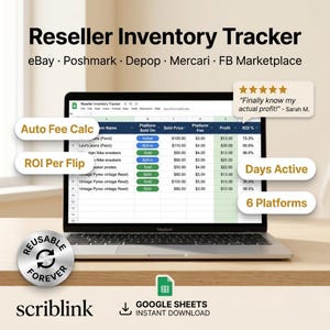 Puede incluir: Un MacBook muestra una hoja de cálculo titulada "Reseller Inventory Tracker" con datos de eBay, Poshmark, Depop, Mercari y FB Marketplace. Incluye cálculo automático de tarifas y ROI por venta. El texto "Reutilizable para siempre" está incluido.