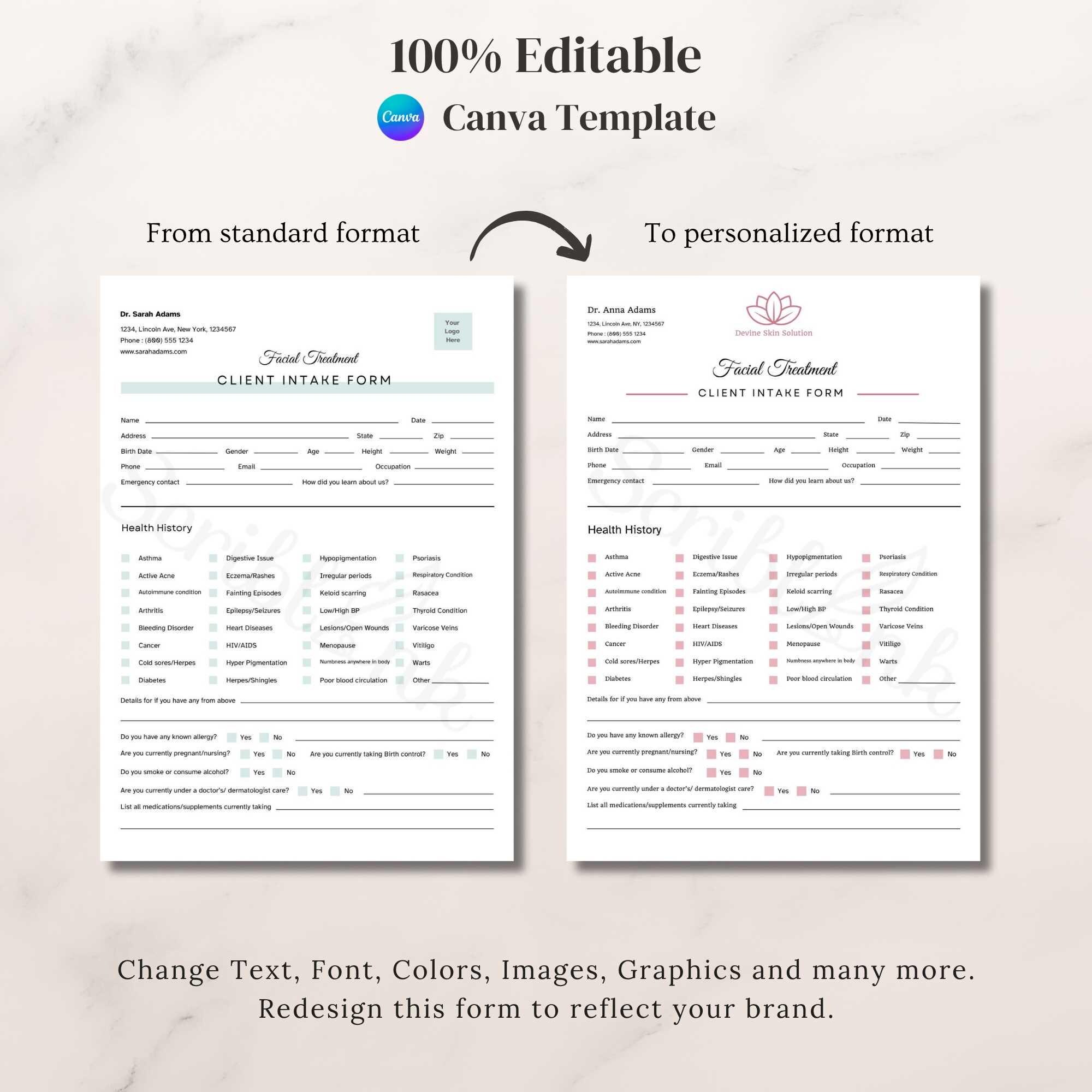 Facial Consultation Form, Client Intake Form, Beauty Salon Printable ...