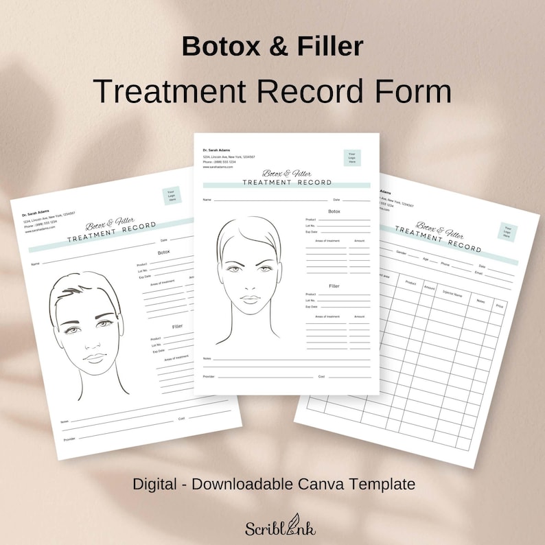 Pu&ograve; includere: Tre moduli bianchi di registrazione del trattamento per procedure di Botox e filler. I moduli includono sezioni per le informazioni sul paziente, i dettagli del trattamento e un diagramma facciale. Il testo "Botox & Filler Treatment Record Form" &egrave; in alto. Il testo in basso dice "Digital - Downloadable Canva Template".