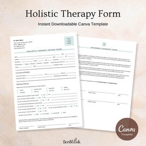Könnte beinhalten: Eine druckbare, zweiseitige Vorlage für ein Formular zur ganzheitlichen Therapie. Die erste Seite ist ein Patientenaufnahmeformular, die zweite eine Einverständniserklärung. Die Formulare können mit Canva heruntergeladen und angepasst werden.