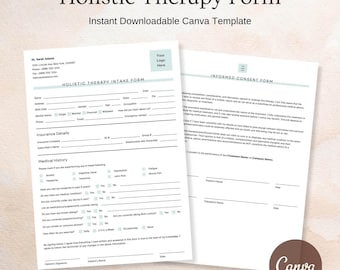 Op de afbeelding: Een afdrukbare, tweedelige sjabloon voor een holistisch therapieformulier. De eerste pagina is een intakeformulier voor patiënten en de tweede is een geïnformeerde toestemmingsformulier. De formulieren zijn ontworpen om te worden gedownload en aangepast met Canva.