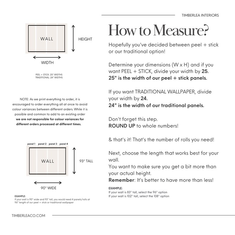 May include: A diagram showing how to measure a wall for peel and stick wallpaper or traditional wallpaper. The diagram shows the width and height of the wall and how to calculate the number of rolls needed. The text includes the words "How to Measure?" and "Timberlea Interiors".
