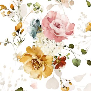 May include: A watercolor painting of a bouquet of flowers with pink, yellow, and blue flowers. The flowers are surrounded by green leaves and white stems.