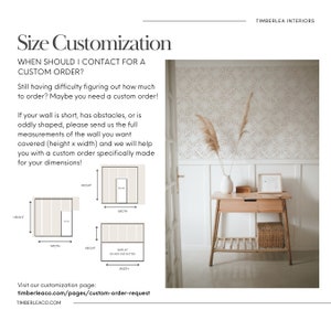 May include: A guide on how to order custom wallpaper for walls with obstacles or unusual shapes. The guide includes diagrams showing how to measure the wall for a custom order. The image also shows a room with a white wall covered in a beige wallpaper with a geometric pattern.