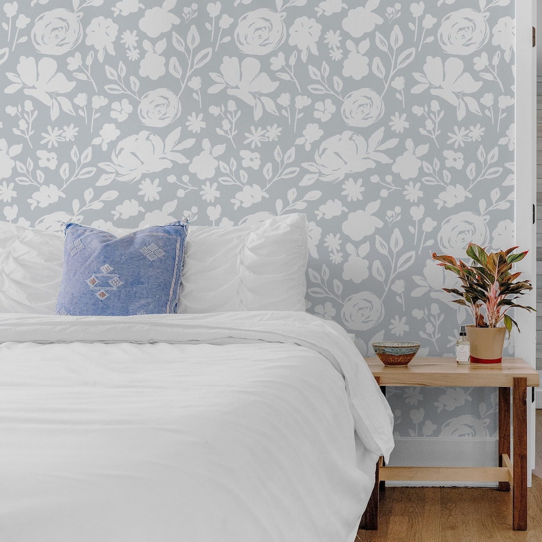 Pale Blue Nursery Floral Wallpaper. Peel Stick and Traditional