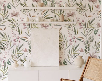 Watercolor Botanical Collection. Nursery Floral Wallpaper. Peel + Stick and Traditional Wallpaper Options. Modern.  50 Inch Repeat.