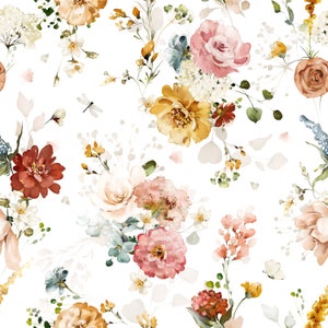 May include: A seamless pattern featuring watercolor illustrations of various flowers in shades of pink, yellow, red, and blue. The flowers are arranged in a random pattern on a white background.