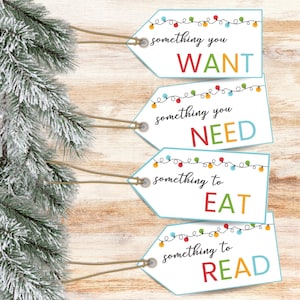 Étiquettes cadeaux pour quelque chose que vous voulez, porter, besoin, lire, partager, manger, créer, se détendre, apporter de la joie, jouer, lot de dix étiquettes-cadeaux de Noël imprimables