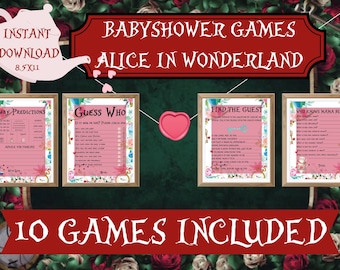 May include: A set of Alice in Wonderland-themed baby shower games. The design includes pink and floral elements, with game titles like "Baby Predictions" and "Guess Who." The image also includes the text "Instant Download" and "10 Games Included."