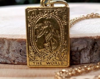 Tarot Card The World Pendant Necklace, Gold Colored Stainless Steel, Witchy Gift for Her or Him