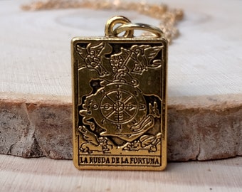 Tarot Card The Wheel Of Fortune Pendant Necklace, La Roue de Fortune, Gold Colored Stainless Steel, Witchy Gift for Her or Him