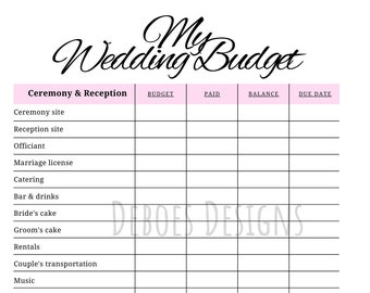 Afdrukbare Wedding Budget Tracker-checklist van 4 pagina's, huwelijksplanning, huwelijksprintables, huwelijkstrackers, huwelijksorganisatie.