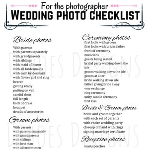Printable Wedding photo list , for the photographer, wedding pictures, Digital download, wedding printable, wedding planning