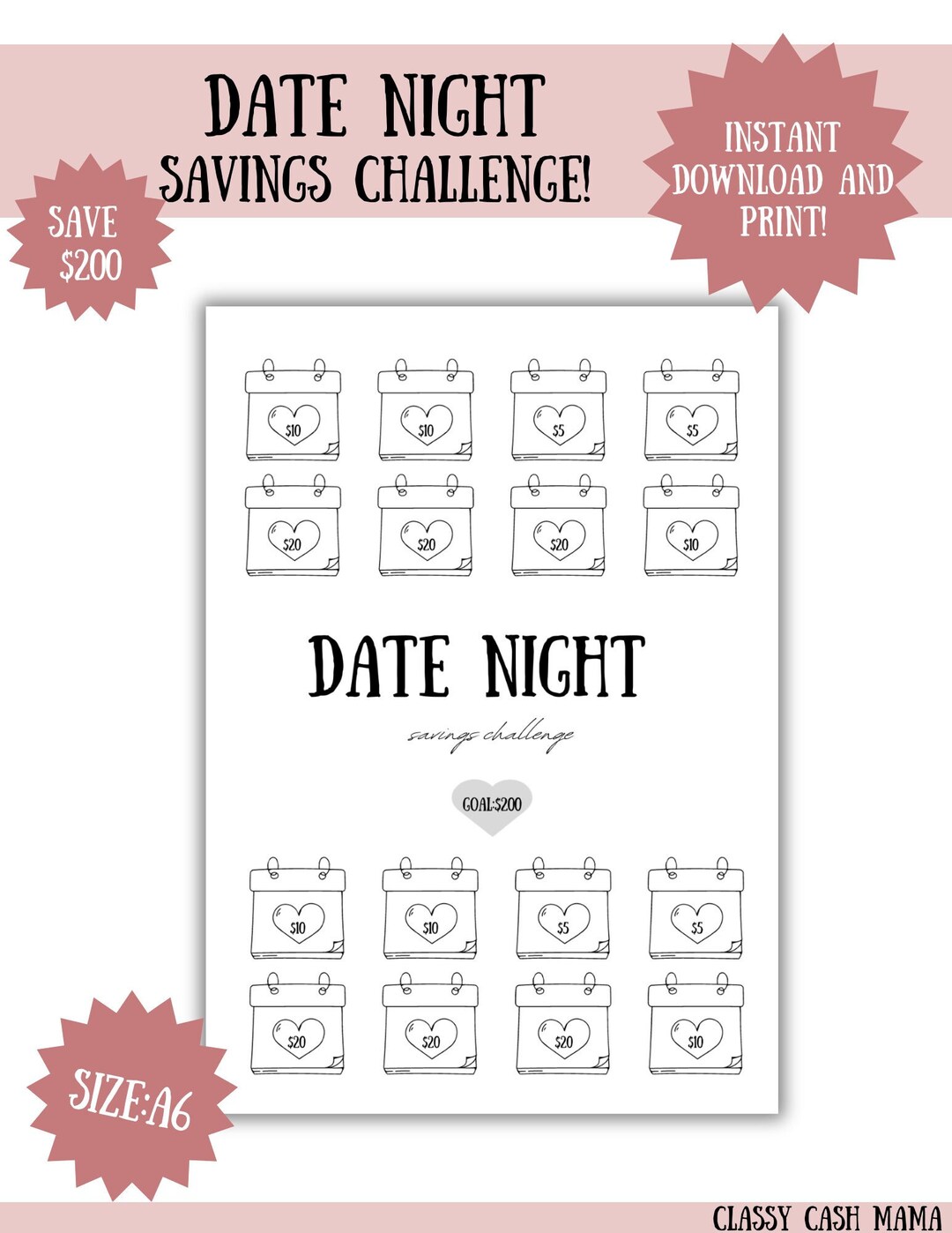 Printable Date Night Savings Challenge size A6 Minimalist Etsy