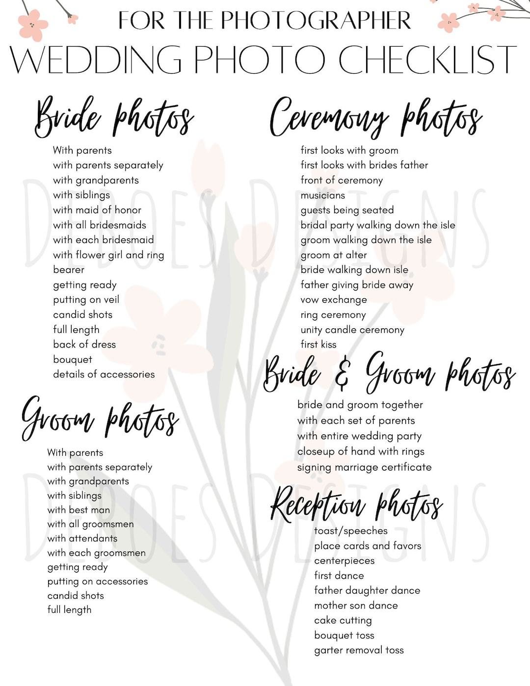 Printable Wedding Photo List , for the Photographer, Wedding Pictures ...