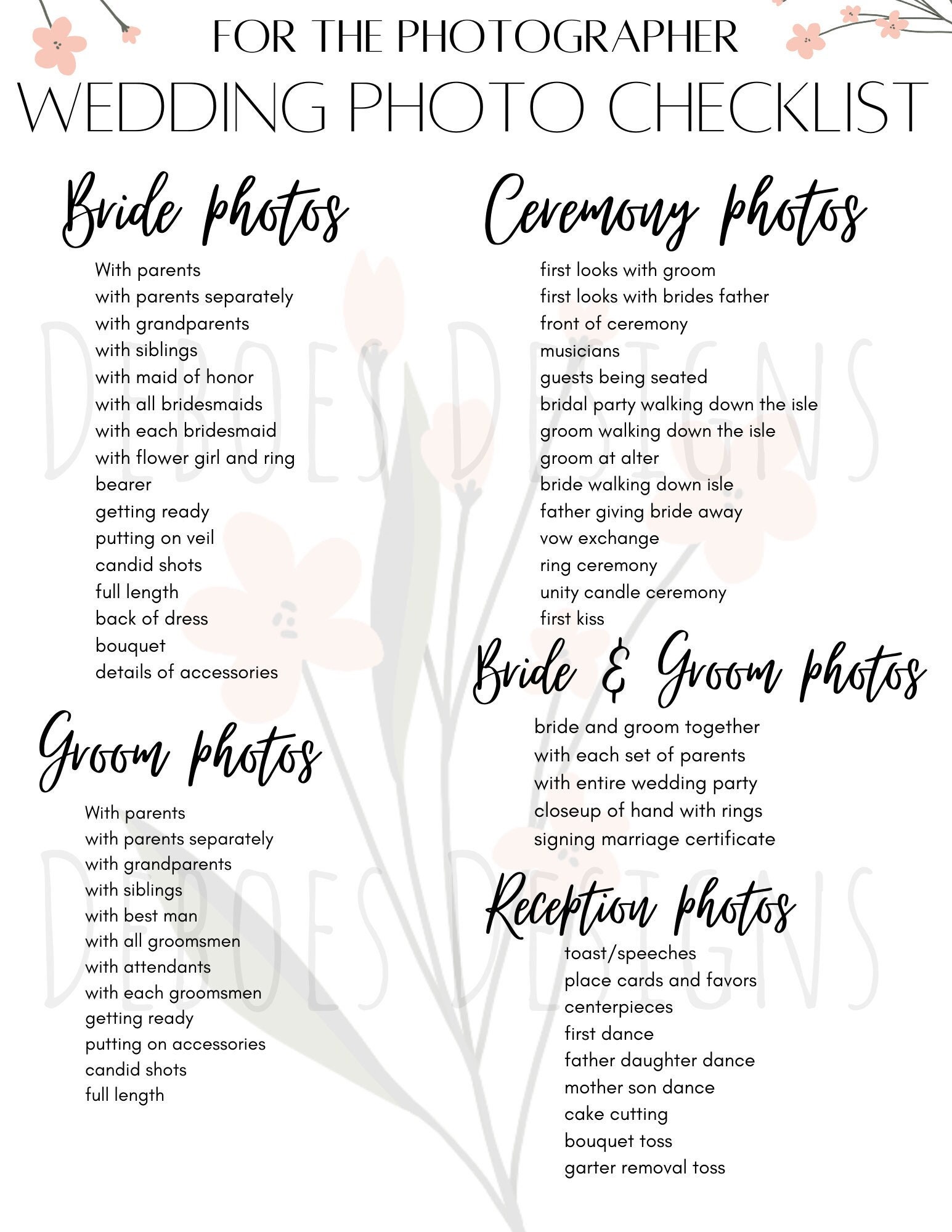 Printable Wedding Photo List , for the Photographer, Wedding Pictures Printable Wedding Photo List , for the Photographer, Wedding Pictures