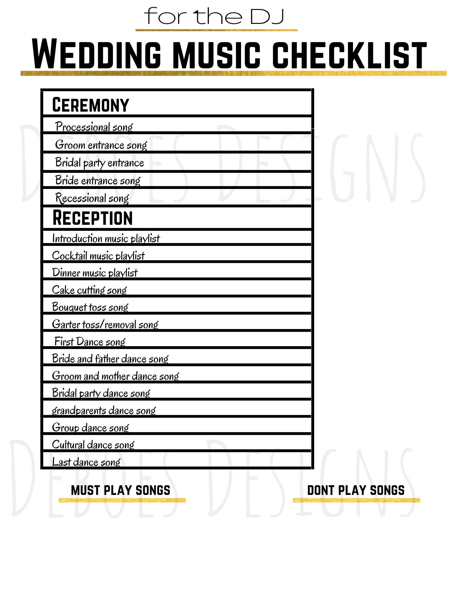 Printable Wedding Song List For Dj Template 