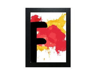 Letter F Print, Monogram Sign, Wall Art, black, yellow, red and white
