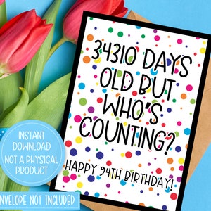 94th Birthday Card Printable, Happy 94th Birthday Card, 94 Year Old Birthday Card, 94th Birthday Gift, Instant Download, Print at Home