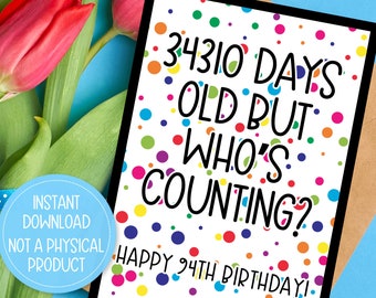 94th Birthday Card Printable, Happy 94th Birthday Card, 94 Year Old Birthday Card, 94th Birthday Gift, Instant Download, Print at Home
