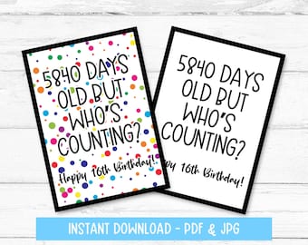 Tarjeta de cumpleaños imprimible para 16 años, tarjeta de cumpleaños número 16, tarjeta de cumpleaños número 16, tarjeta de cumpleaños número 16, descarga instantánea, impresión en casa