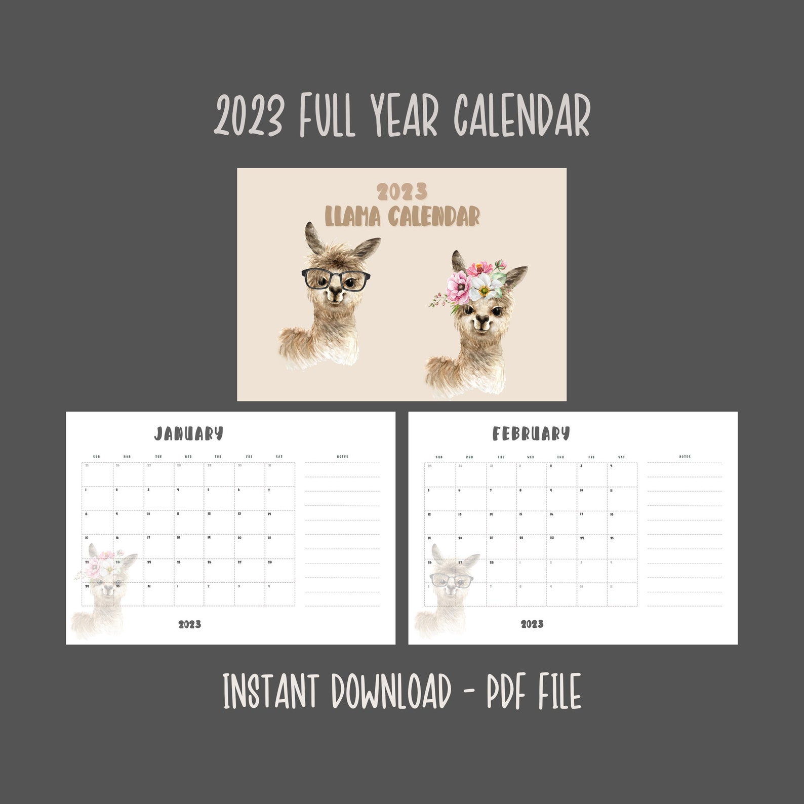 2023-llama-calendar-full-year-printable-calendar-printable-etsy
