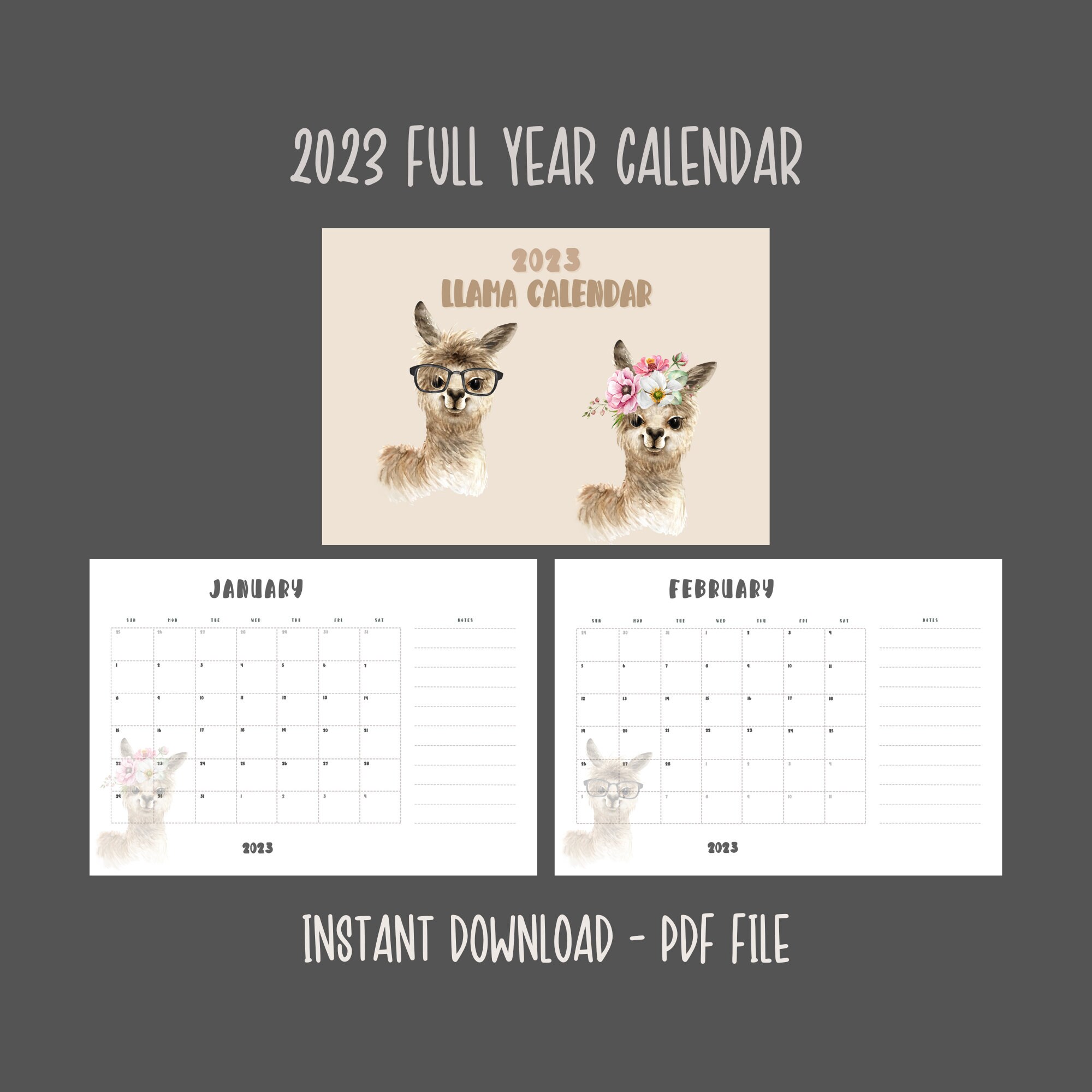 2023-llama-calendar-full-year-printable-calendar-printable-etsy