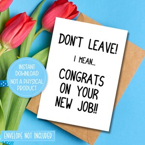 Tarjeta imprimible de nuevo trabajo, tarjeta imprimible de "Te extrañaré", tarjeta de despedida del trabajo, tarjeta de felicitación de descarga instantánea, tarjeta de buena suerte para un nuevo trabajo