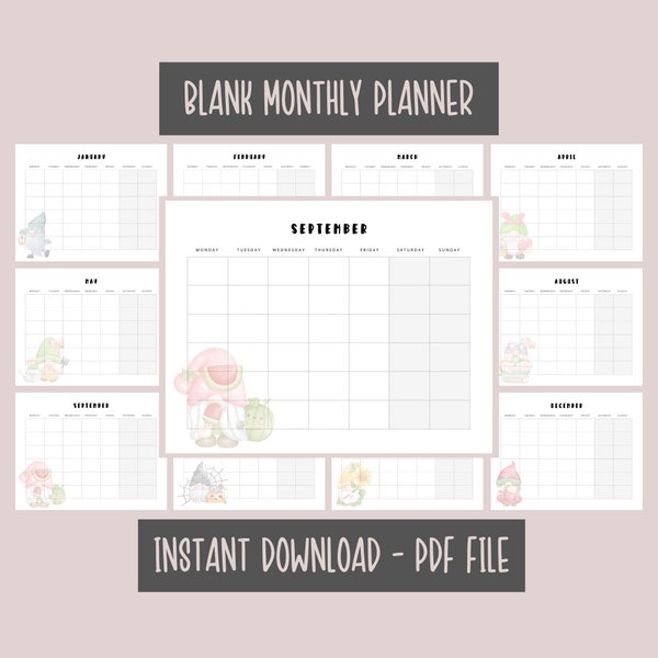 Gnome Monthly Planner, Blank Monthly Calendar, Blank Planner, Reusable Calendar, Monthly Calendar PDF, Instant Download, Print At Home