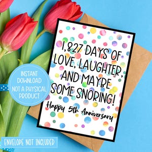 Afdrukbare kaart 5 jaar, kaart 5e verjaardag, kaart 5 jaar, jubileumkaart voor vrouw, thuis afdrukken, Instant Download