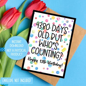 Tarjeta de cumpleaños número 12 para imprimir, tarjeta de feliz cumpleaños número 12, tarjeta de cumpleaños para niños de 12 años, regalo de cumpleaños número 12, descarga instantánea, impresión en casa