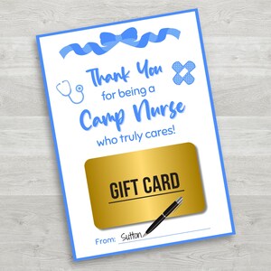 Portatarjetas imprimible para enfermera de campamento, regalo para enfermera de campamento, agradecimiento a la enfermera, descarga digital, impresión en casa