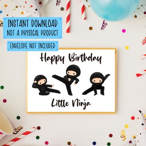 Afdrukbare ninja-verjaardagskaart - ninjakaart, downloadbare kaart, direct downloaden, kaart afdrukken, afdrukbare kaart kleine ninja