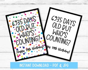 19 jaar oude verjaardagskaart afdrukbaar, 19e verjaardagskaart, 19e verjaardagskaart, negentiende verjaardagskaart, instant download, thuis afdrukken