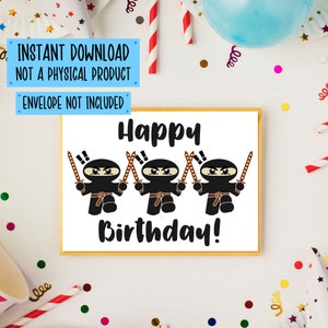 Tarjeta de cumpleaños Ninja imprimible, tarjeta de cumpleaños Ninja, tarjeta Ninja descargable, tarjeta de cumpleaños para niños, tarjeta Ninja, imprimir en casa, descarga digital