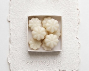 May include: A square white box filled with several small, off-white, flower-shaped wax melts. The box is centered on a piece of textured, deckle-edged paper with the word "sampaguita" embossed in lowercase letters at the bottom.