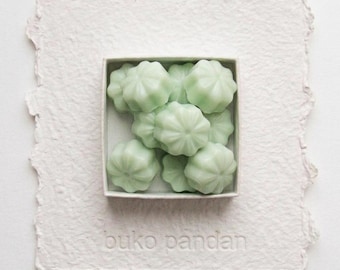 May include: A square box filled with pale green, flower-shaped wax melts. The box is centered on a piece of textured, off-white paper with deckled edges. The words "buko pandan" are embossed in lowercase letters on the paper below the box.