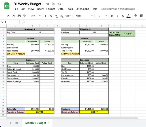 Simple Bi-weekly Budget Google Sheet | Etsy