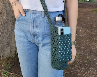 Handmade Crochet Water Bottle Holder With Phone Pocket (100% Cotton) Water Bottle Bag, Cell Phone Holder, CrossBody Wine Bottle Holder